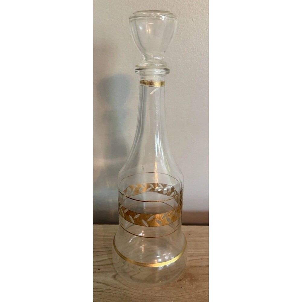 Decanter Etched Floral Gold Bohemian Bohemia Mid Century MCM Vintage READ